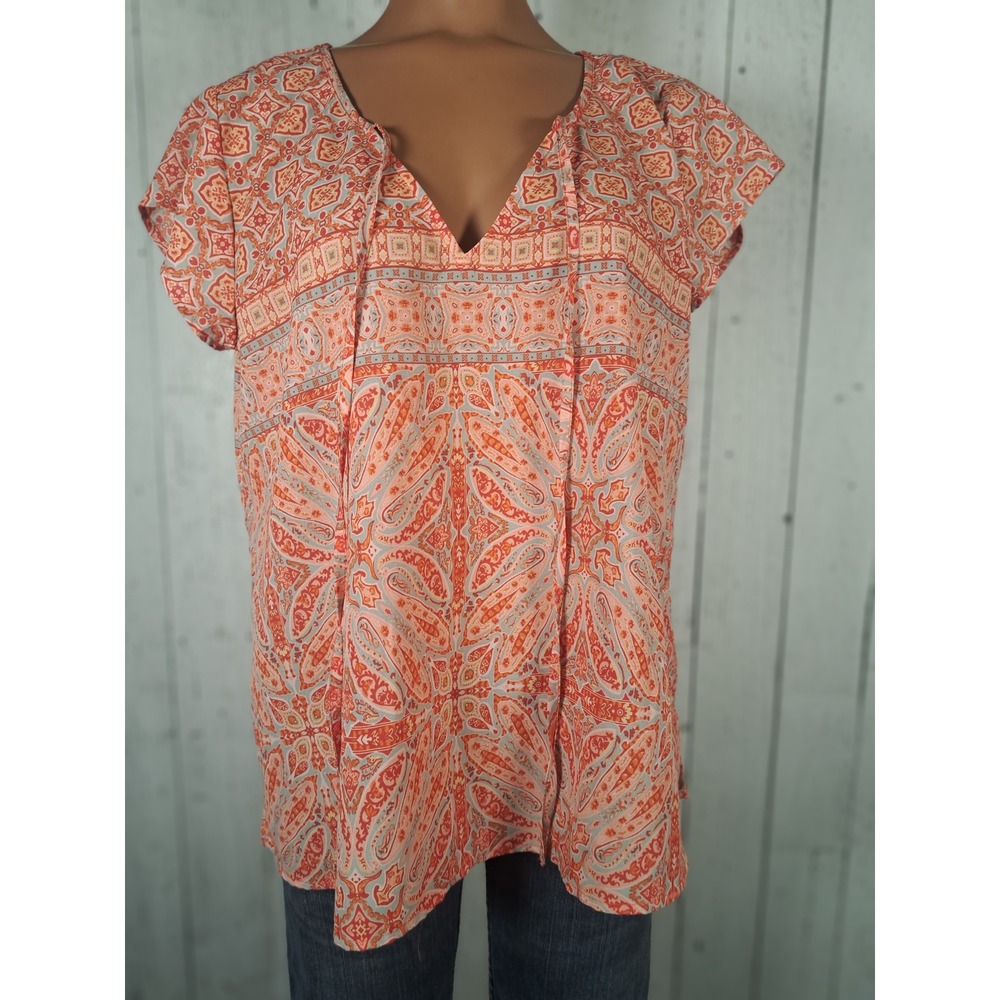 Sanctuary Womens Coral Orange Paisley Geometric Tie Neck Blouse Small